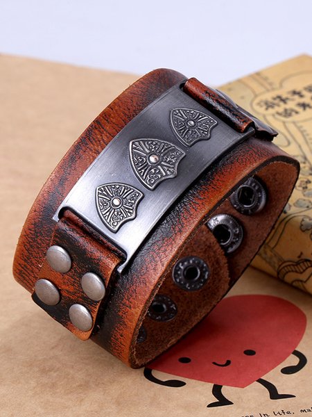 

Vintage Gold Shield Leather Bracelet, As picture, Men Bracelets