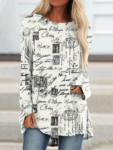 

Bianco Casuale Poster Stampato Maniche Lunghe Dritto Camicie & Top, Blouses & Shirts