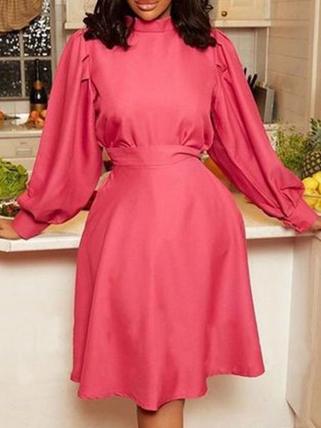 

Long Sleeve Shift Work Stand Collar Dress, Rose red, Midi Dresses