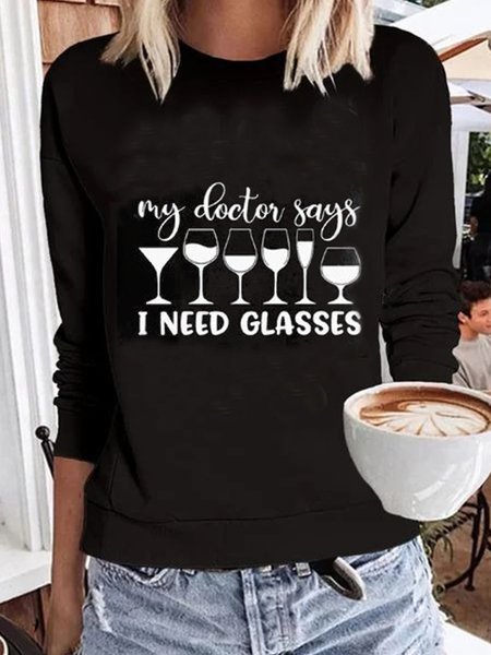 

Casual Letter Long Sleeve Crew Neck Tops, Black, Blouses & Shirts