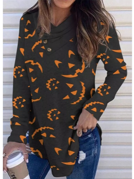 

Pumpkin Face Button Long Sleeve Blouse, Black, Long sleeve tops