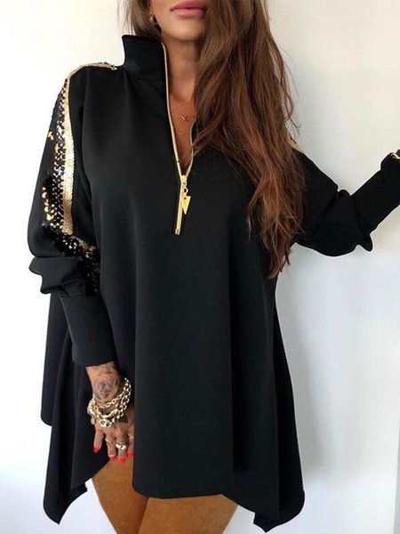 

Scollo a V Maniche Lunghe Misto Cotone Cerniera Abito, Nero, Casual Dresses