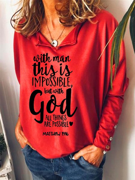 

With Man This Is Impossible But With God All Things Are Possible Women‘s Casual Long Sleeve Sweatshirt, Red, Hoodies&Sweatshirts