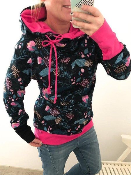 

Vintage Floral Leaves Printed Paneled Hoodie Color-Block Long Sleeve Plus Size Casual Sweatshirts, Multicolor, Hoodies & Sweatshirts