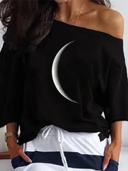 

Vintage Black Moon Printed 3/4 Sleeve Plus Size Casual Tops, T-Shirts