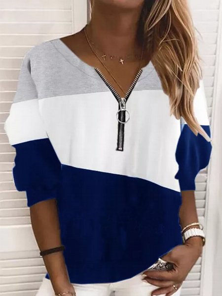 

V Neck Long Sleeve Cotton-Blend Zipper Tops, Blue, Blouses & Shirts