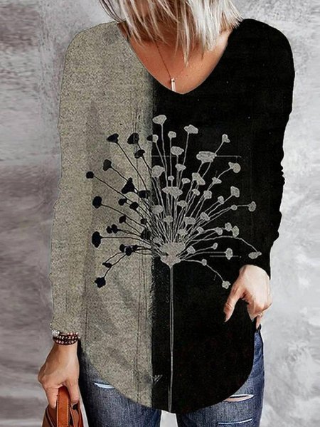 

V Neck Long Sleeve Printed Vintage Shirts & Tops, Multicolor, T-Shirts