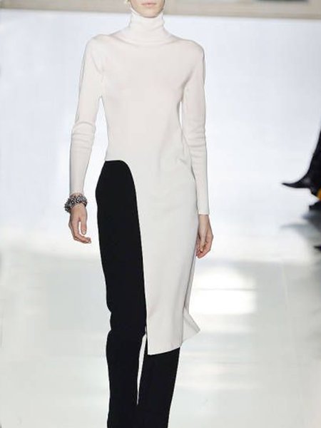 

Turtleneck Long Sleeve Simple Solid Top, White, Blouses and Shirts