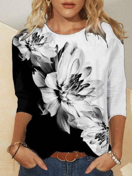

Girocollo Casuale Maniche Lunghe Floreale Top, Nero-bianco, Blouses & Shirts