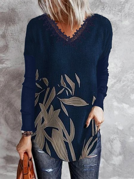 

Maniche Lunghe Scollo a V Floreale Vacanza Top, Blu marino, T-Shirts