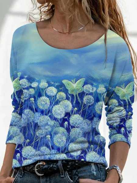 

Blu Floreale Farfalla Stampato Casuale Maniche Lunghe Dritto Camicie & Top, Blouses & Shirts