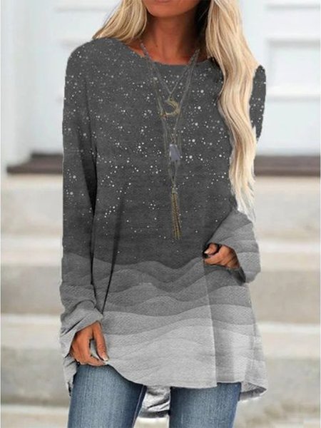

Floral-Print A-Line Long Sleeve Shirts & Tops, Gray, Long sleeve tops