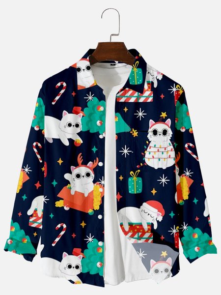 

Christmas Shirt Collar Casual Shirts & Tops, Blue, Long Sleeves Shirts