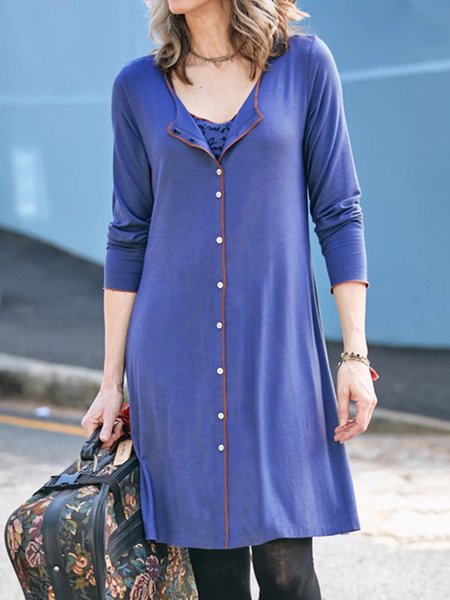 

Plain Long Sleeve Cotton-Blend Shift Dresses, Blue, Midi Dresses
