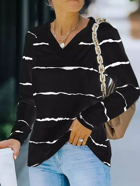 

Printed V Neck Long Sleeve Casual Tops, Black, Blouses & Shirts
