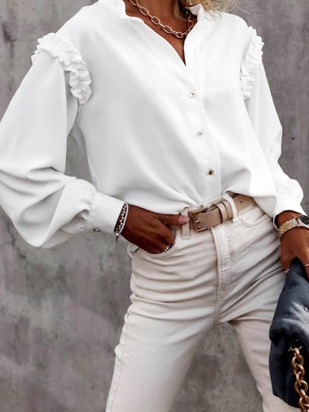 

Long Sleeve Shift Solid Ruffled Top, White, Blouses and Shirts