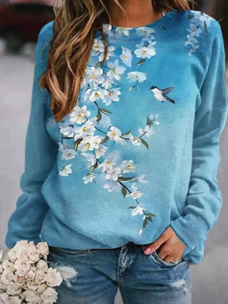 

Blu Floreale Uccello Stampato Maniche Lunghe Casuale Dritto Felpa Camicie & Top, Blouses & Shirts