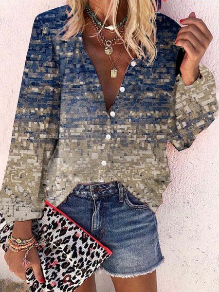 

Long Sleeve V Neck Geometric Blouse, Blue, Blouses & Shirts