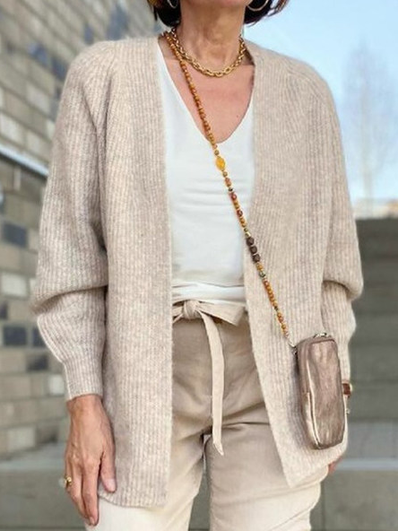 

Pure Color Casual Knitted Sweater Cardigan, Apricot, Outerwear