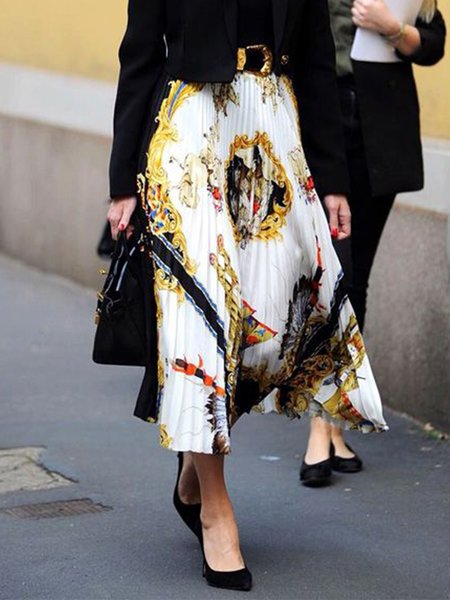 

Vintage Elegant Pleated Print Skirt, As picture, Maxi Skirts
