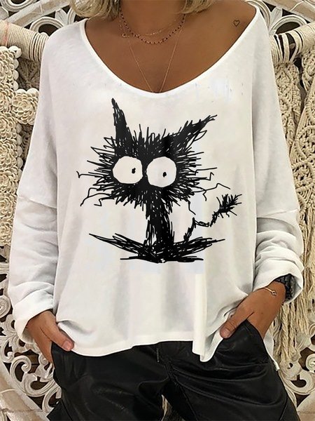 

Cat Printed V Neck Long Sleeve Casual Loose T-Shirts, White, Tees & T-shirts