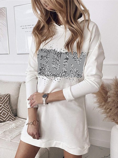 

Hoodie Long Sleeve Printed Casual Dresses, White, Mini Dresses