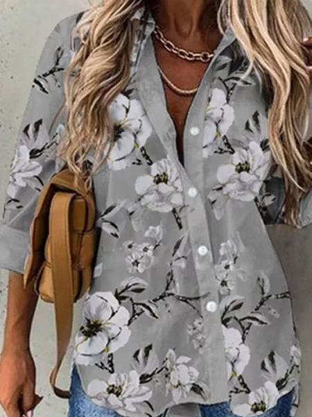 

Long Sleeve Shirt Collar Floral-Print Casual Shirts & Tops, As picture, Blouses & Shirts
