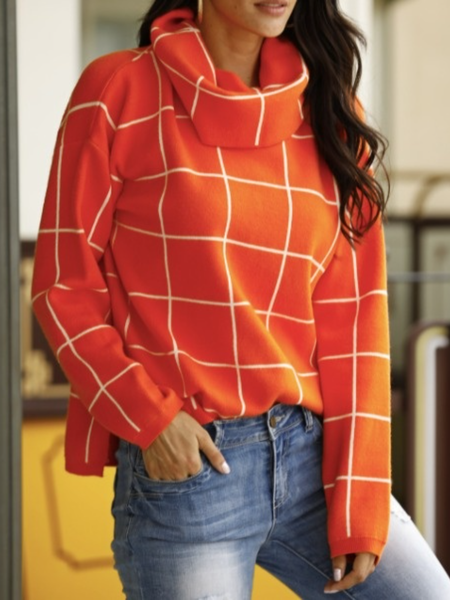 

Fall Long Sleeve Turtleneck A-Line Casual Simple Sweater, Orange, Pullovers