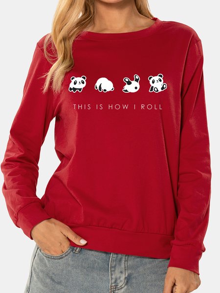 

Casual and simple panda print round neck long-sleeved polyester cotton sweatshirt, Red, Sweatshirts
