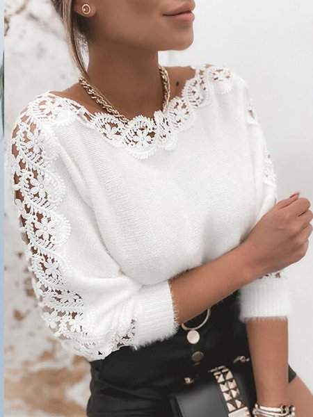 

Tinta unita Sexy Maniche Lunghe Maglione, Bianco, Sweater