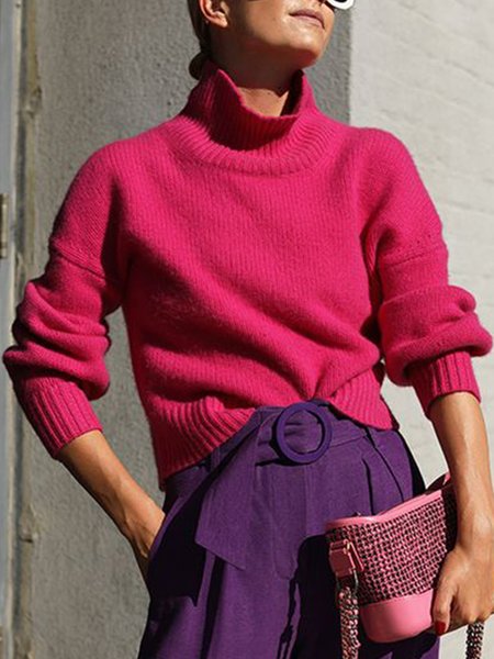 

Turtleneck Casual Long Sleeve Solid Sweater, Rose red, Pullovers