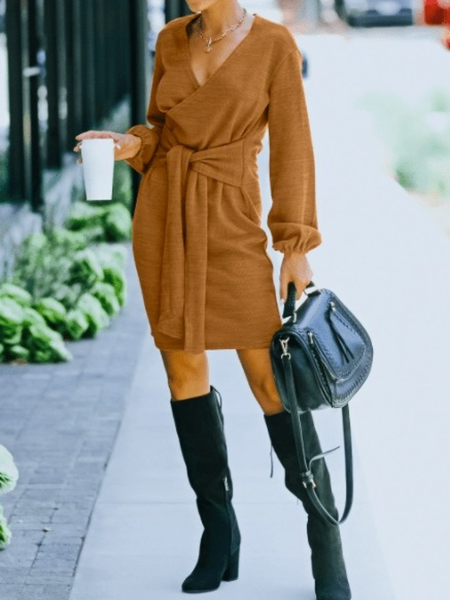 

Fall V Neck Long Sleeve Daily Lady Daily Elegant Dresses, Light brown, Mini Dresses