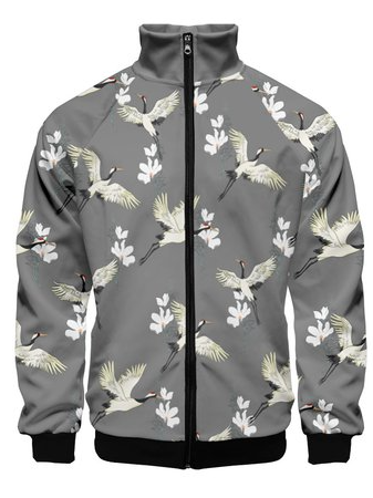 

Casual Crane Print Bomber Jackets, Gray, Jacket