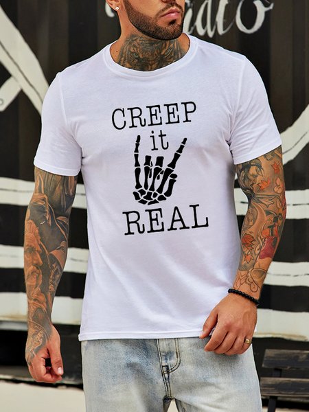 

Casual and simple skull hand print round neck short-sleeved cotton T-shirt, White, T-shirts
