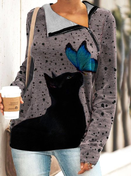 

Casual Shift Cotton Sweatshirt, As picture, Long sleeve tops