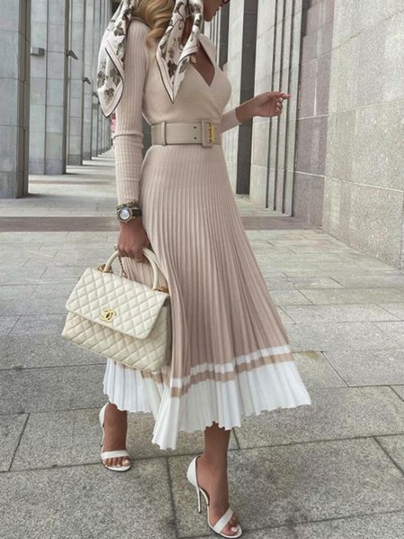 

Long Sleeve Color-Block Elegant Sweater Dress, Apricot, Midi Dresses