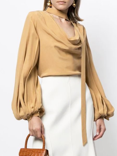 

Long Sleeve Shift Cowl Neck Lady Solid Top, Yellow, Blouses and Shirts