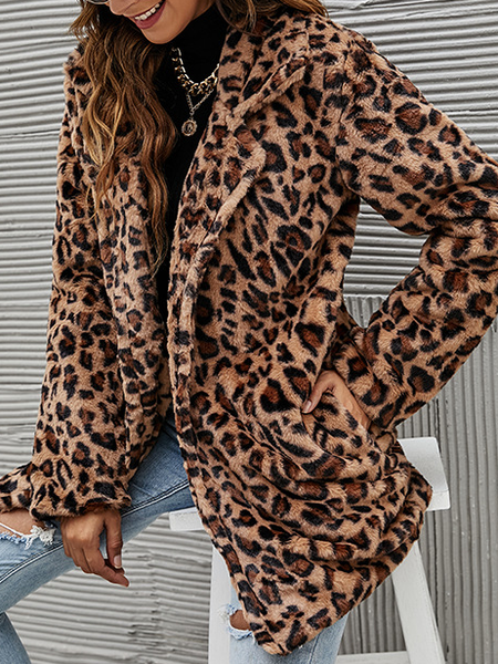 

Pockets Shawl Collar Casual Outerwear, Leopard, Jackets