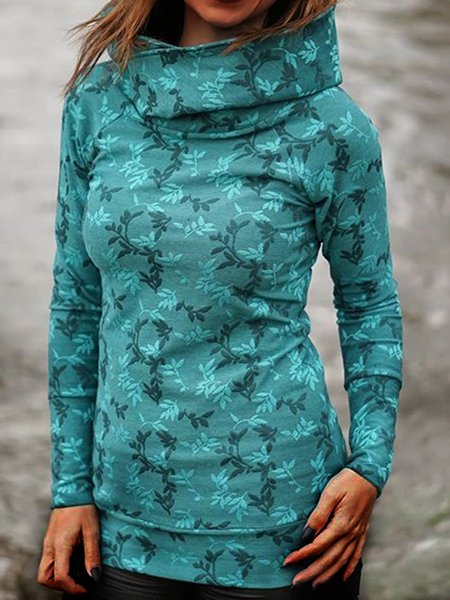 

Floral Casual Turtleneck Long Sleeve Sweatshirts, Blue, Hoodies & Sweatshirts