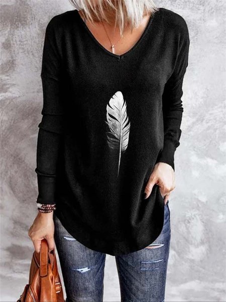 

Printed V neck Casual Long Sleeve Shirts & Tops, Black, T-Shirts