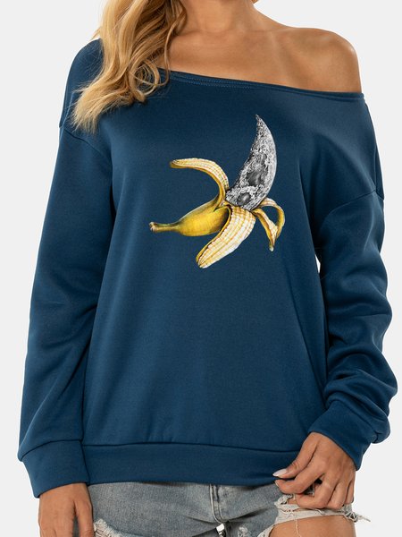 

Casual and simple abstract banana planet print round neck long-sleeved polyester cotton sweatshirt, Blue, Sweatshirts