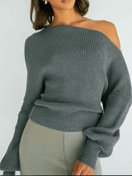 

Fall A-line Asymmetric Long Sleeve Off Shoulder Daily Sweater, Gray, Pullovers