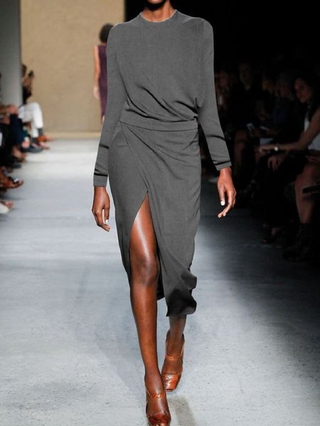 

Elegante Solido Maniche Lunghe Girocollo Abito, Grigio, Casual Dresses