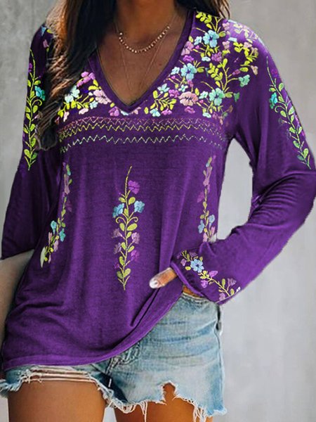 

Floral-Print Long Sleeve Shirts & Tops, Purple, Tees & T-shirts