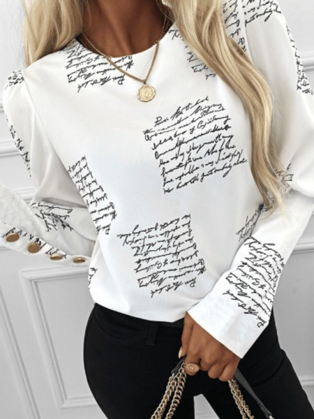 

Fall Long Sleeve Crew Neck A-Line Simple Daily Tops, White, Blouses and Shirts