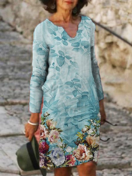 

Blu Stampata Floreale Scollo a V Casuale Vintage Maniche Lunghe Abito, Linen & Cotton Dresses