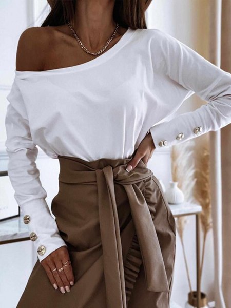 

Buttoned Simple Solid Top, White, Tops