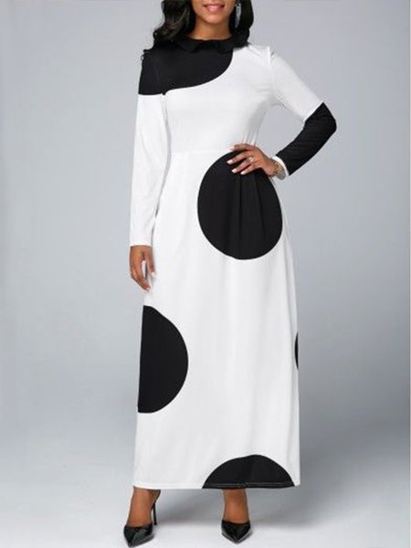 

Printed Long Sleeve Polka Dots Dress, White, Maxi Dresses