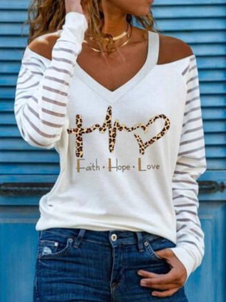 

Casual V Neck Long Sleeve Geometric Shirts & Tops, White, T-Shirts