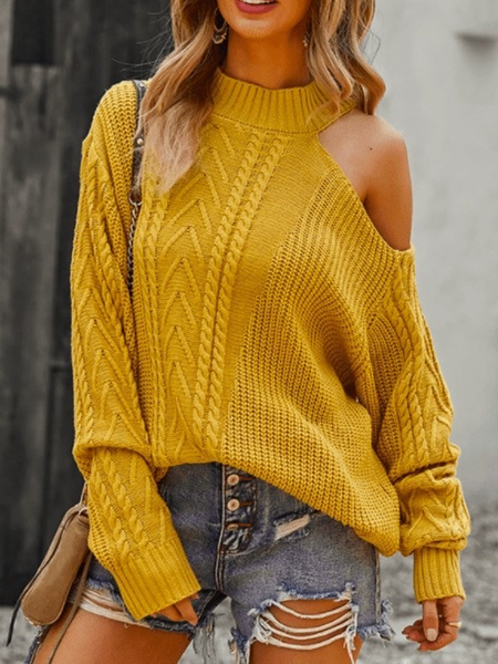 

Crew Neck Cutout A-Line Long Sleeve Daily Sweater, Yellow, Pullovers
